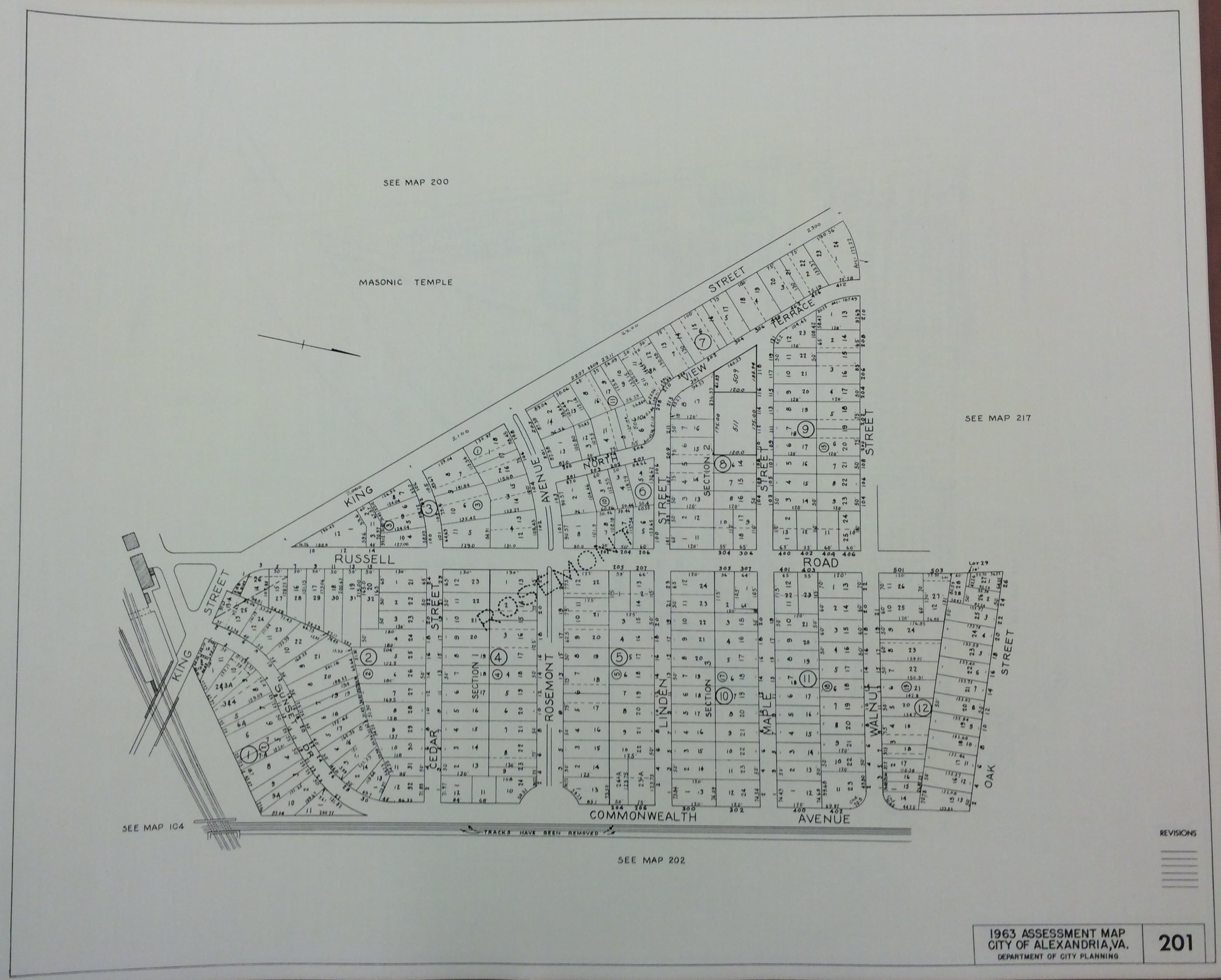 Alexandria assessment map 201 from 1963, showing Rosemont lots between King Street, Russell Road, and Commonwealth Avenue.