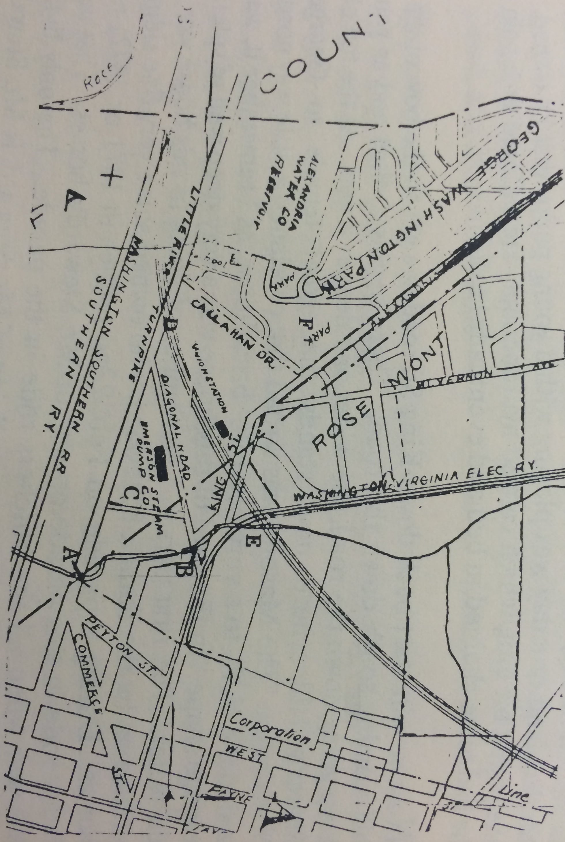 Historic 1911 map labeling Rosemont and the Washington, Alexandria and Mount Vernon electric railway.