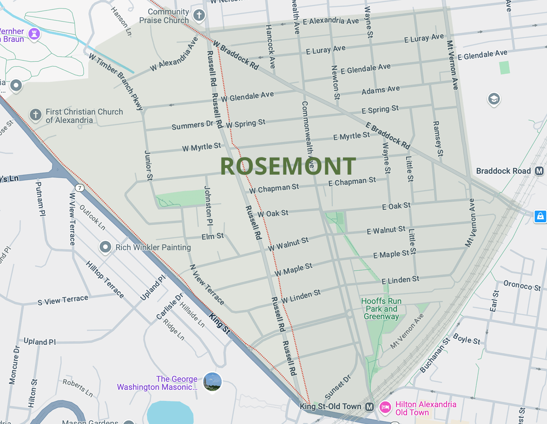 Map of Rosemont showing Russell Road, Commonwealth Avenue, neighborhood streets, and nearby Metro stations.