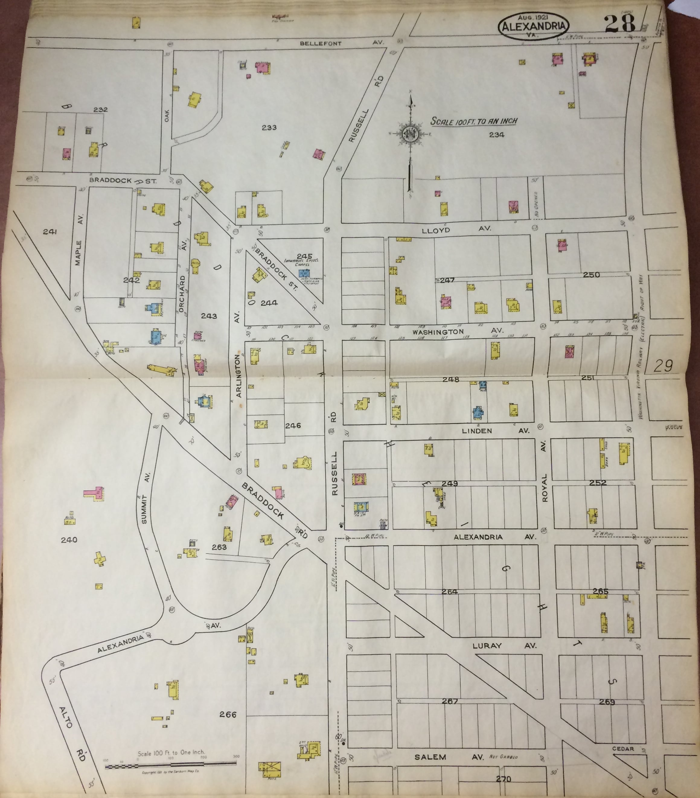 Sanborn fire insurance map of Rosemont in 1921, with individual homes and streets marked in color.