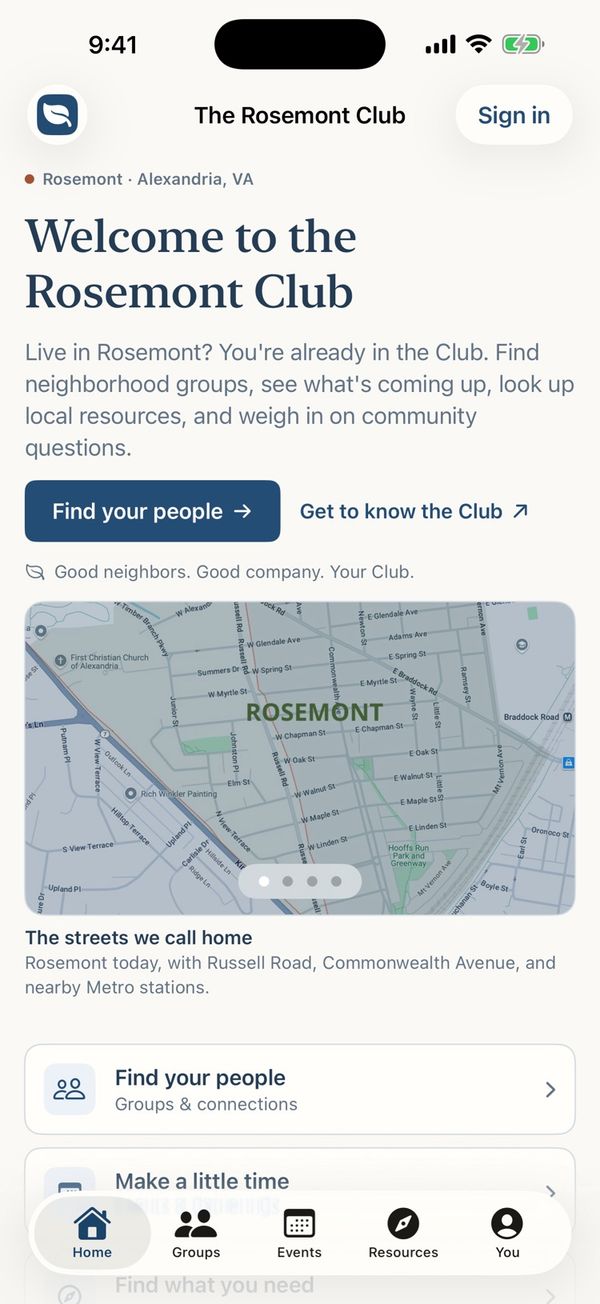 Home screen of the Rosemont Club app
