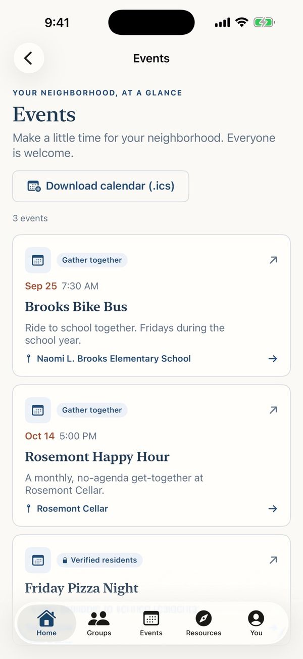 Events screen of the Rosemont Club app