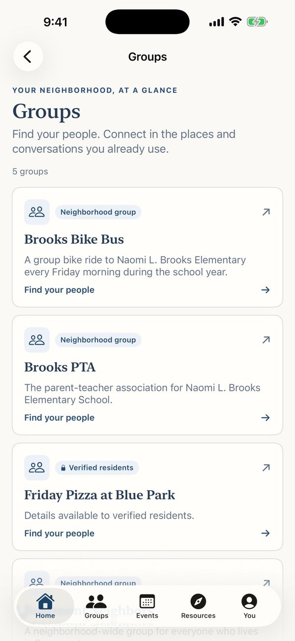 Groups screen of the Rosemont Club app