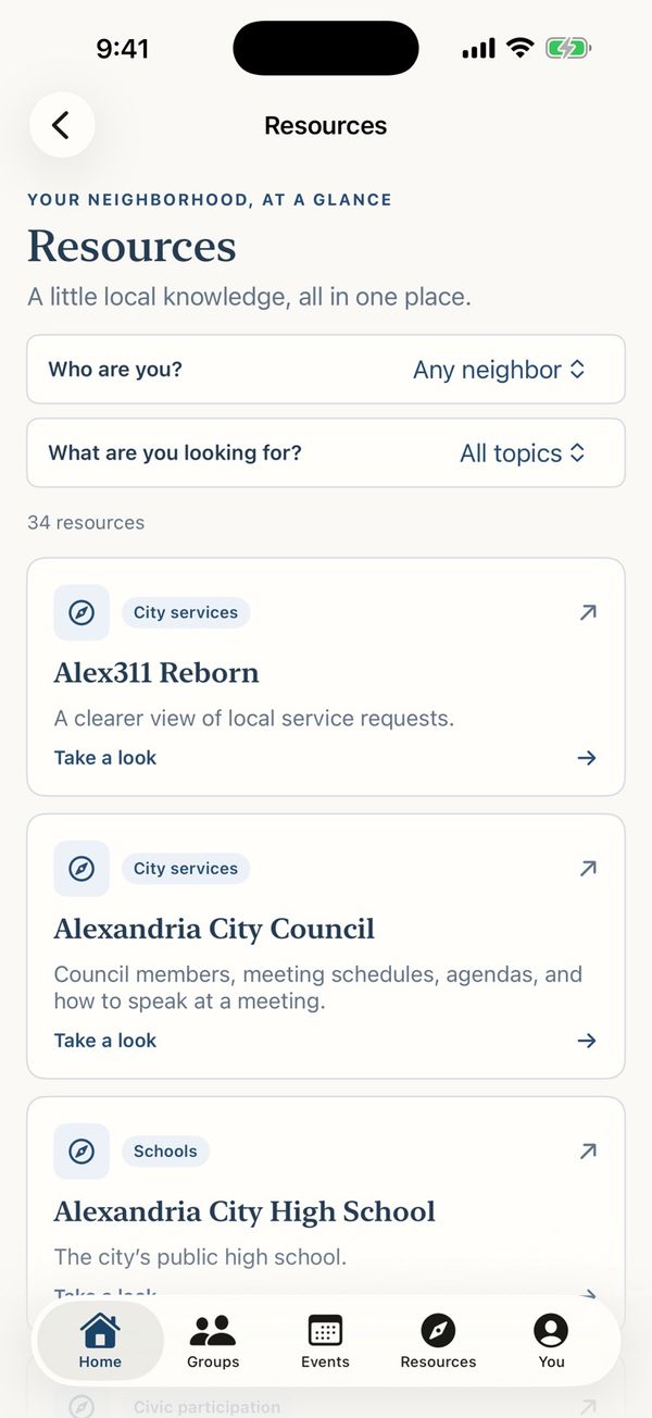 Resources screen of the Rosemont Club app